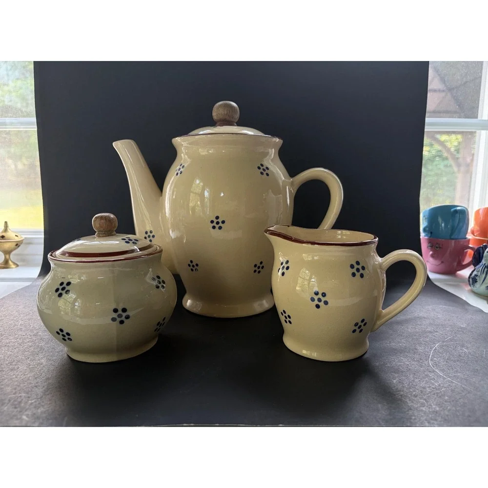Gailstun Sutton Stoneware Tea Set Cream Blue Floral Teapot Mugs Sugar Creamer